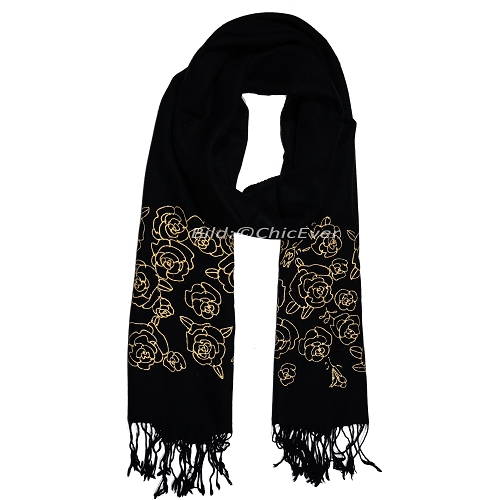 Schöner Schal aus 100% Wolle, 40cmx190cm, Rosen-Motiv, schwarz - zum Schließen ins Bild klicken
